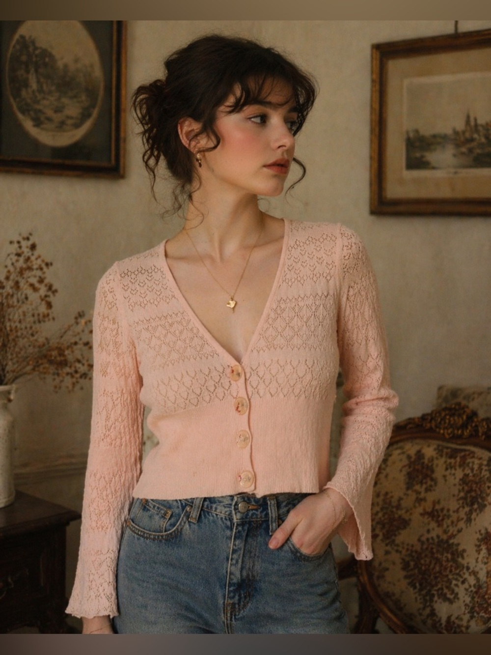 Anthropologie Moth Pink Rose Pointelle Bell Sleeve Cropped Cardigan Sweater Knit